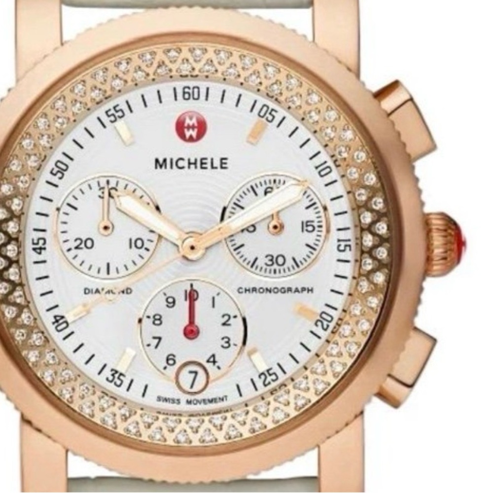 Michele Rose Gold Diamond Bezel Chronograph Watch with White Dial/ 96 Diamonds - Picture 13 of 13